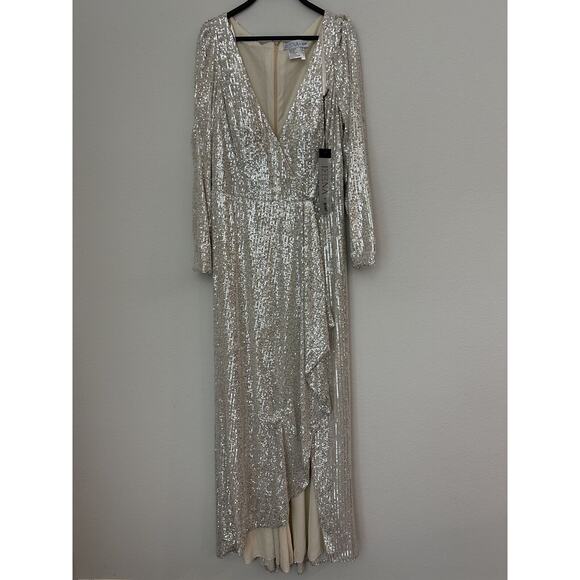 Ieena For Macduggal Silver Long Sleeve V-Neck Sequined Wrap Dress